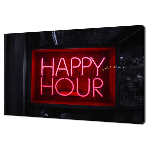 Red Happy Hour Neon Sign Restaurant Pub Modern Design Home Decor Print Wall Art Picture