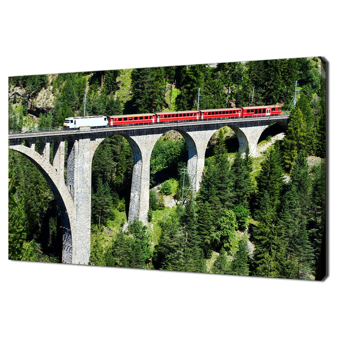 Swiss Red Train Crossing Stone Viaduct Alpine Forest Travel Poster