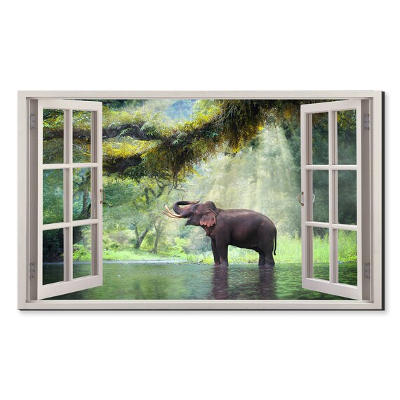 Asian Elephant Standing in River Lush Rainforest Open Window Wall Poster