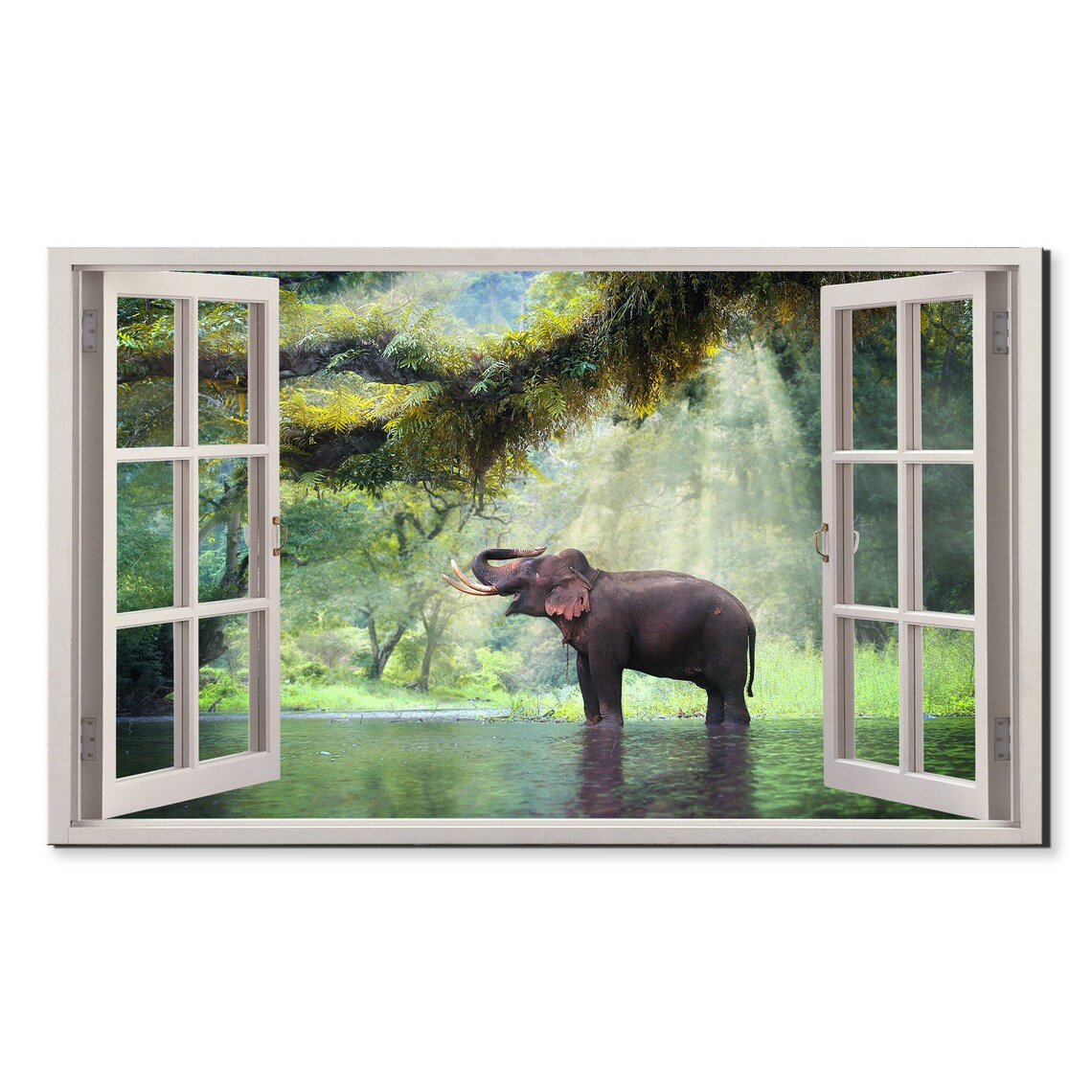 Asian Elephant Standing in River Lush Rainforest Open Window Wall Poster