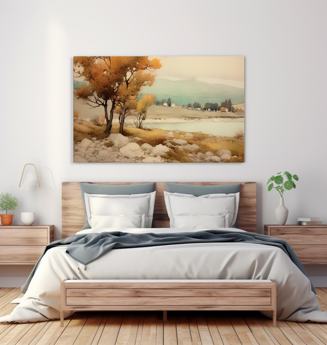 Golden Autumn Trees Lakeshore Village Rocky Shore Landscape Poster - Image 4
