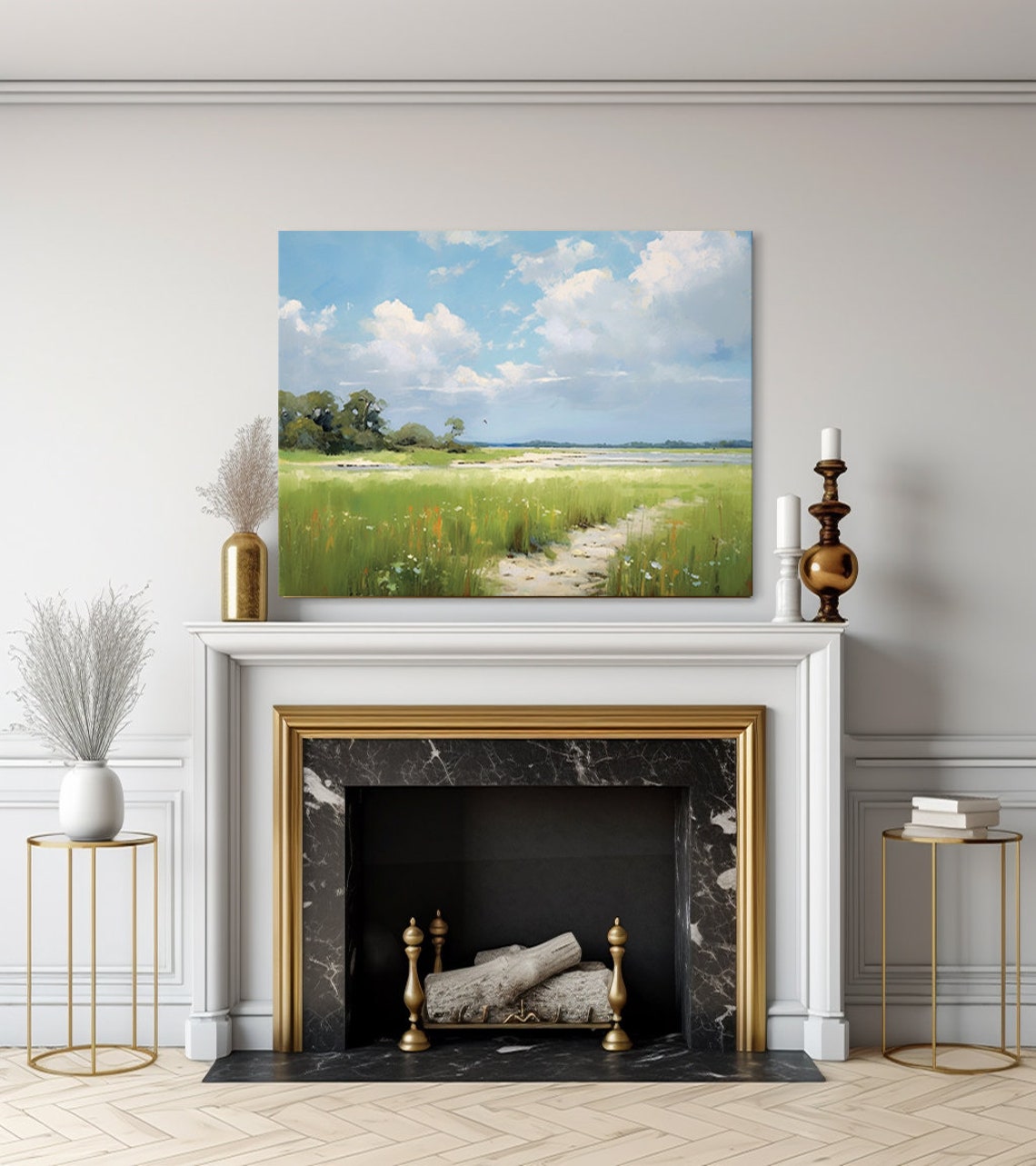 Spring Meadow Fields Blue Sky Clouds Vintage Landscape Print - Image 3