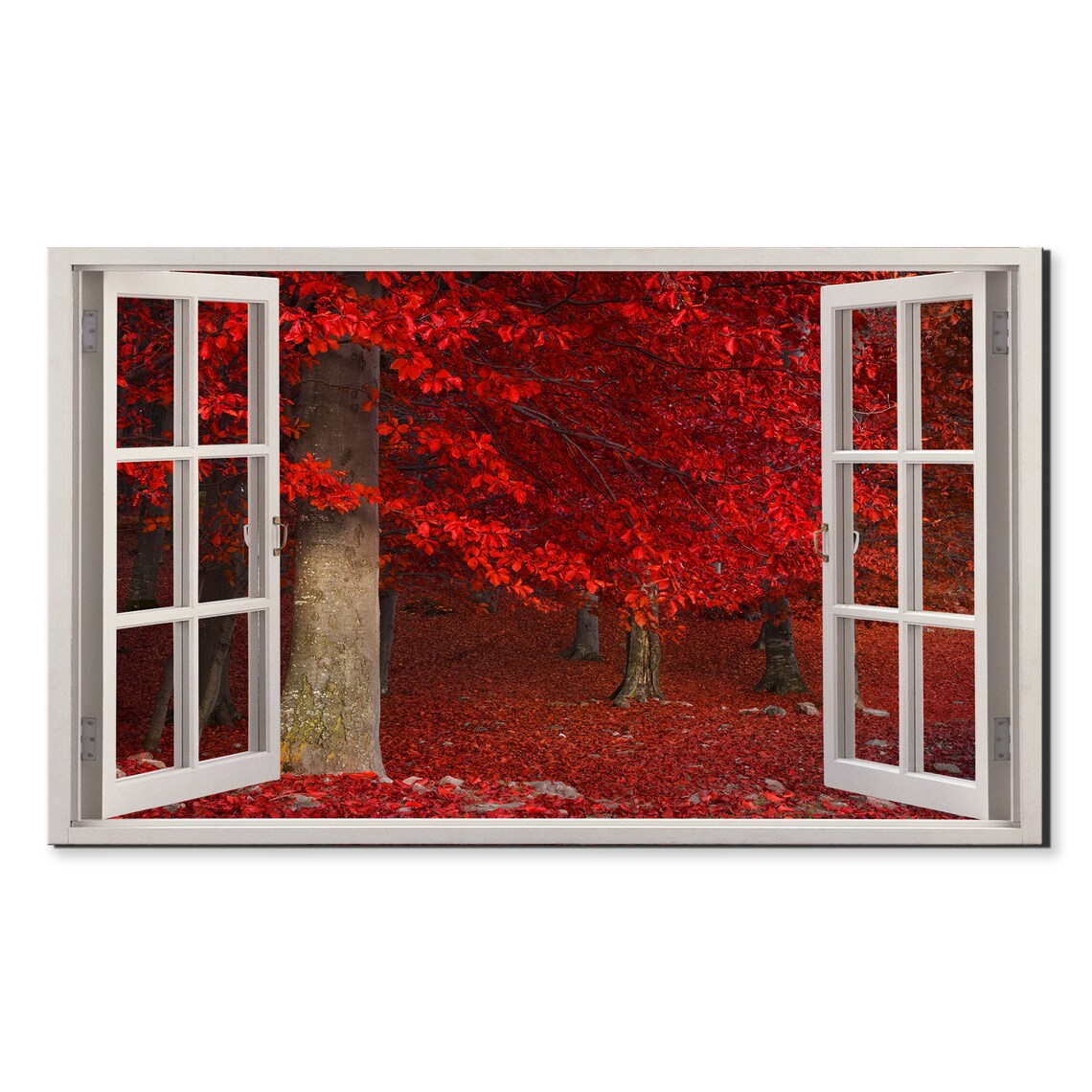 Red Trees In The Forest Window View Window Frame Style Modern Design Home Decor Print Wall Art Picture Ready To Hang