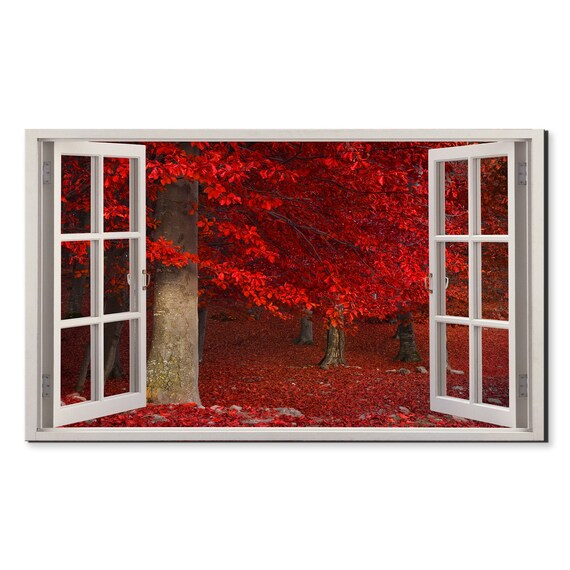 Red Trees In The Forest Window View Window Frame Style Modern Design Home Decor Print Wall Art Picture Ready To Hang