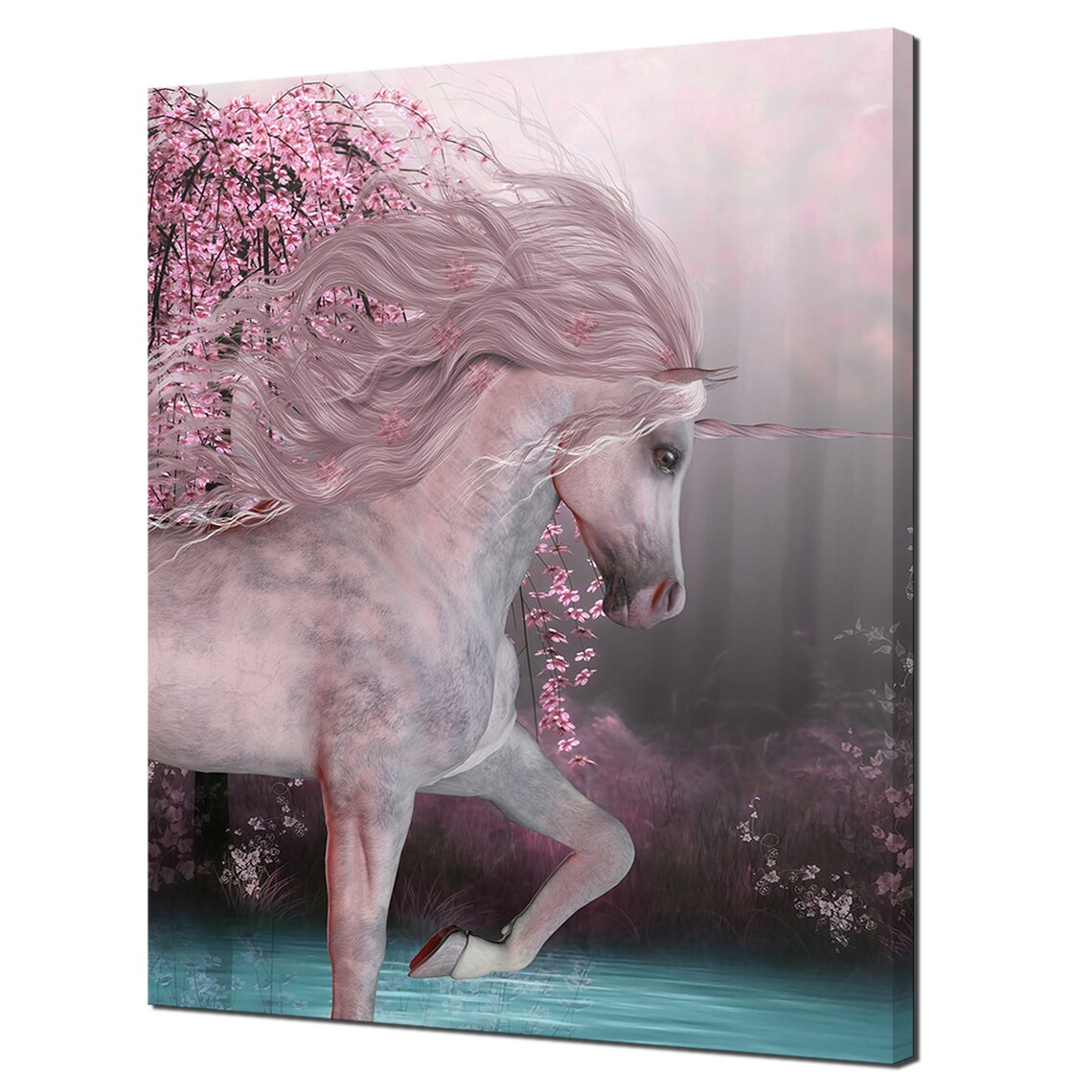 Cherry Blossom Unicorn Fantasy Horse Pink Forest Girls Room Poster