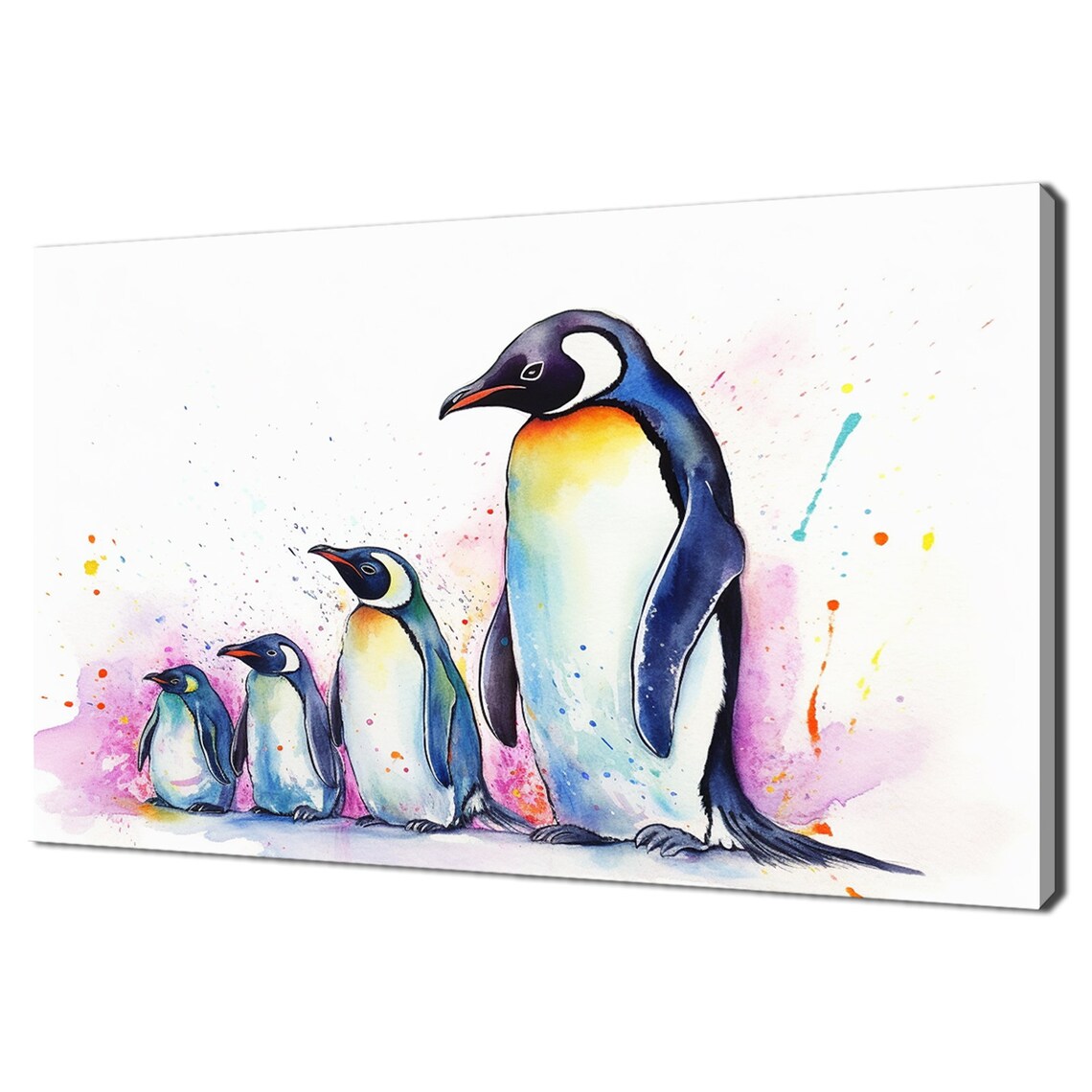 Mother Penguin and Three Babies Watercolor Splash Family Art Poster