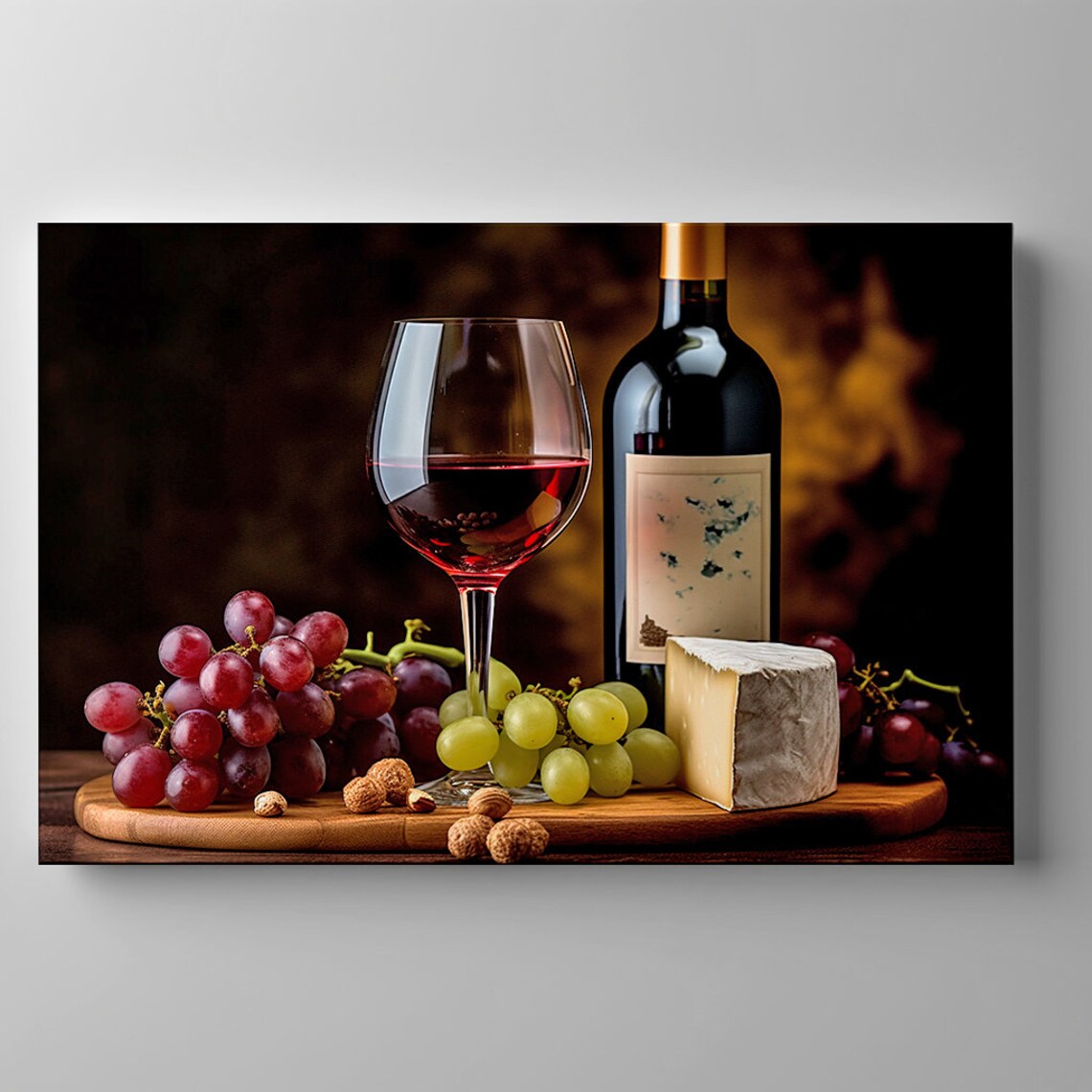 Red Wine Bottle Glass Grapes Cheese Vintage Still Life Kitchen Wall Poster - Image 3