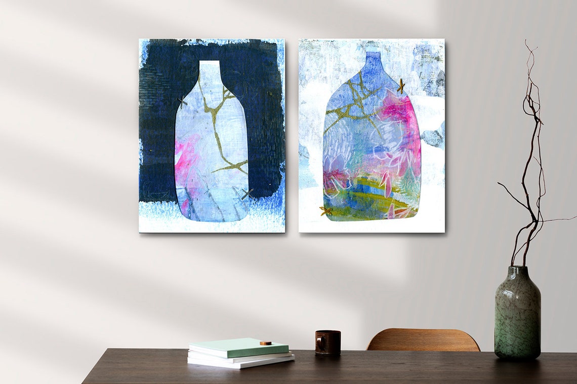 Abstract Blue Pink Painted Vases Diptych Modern Fine Art Wall Poster - Image 2