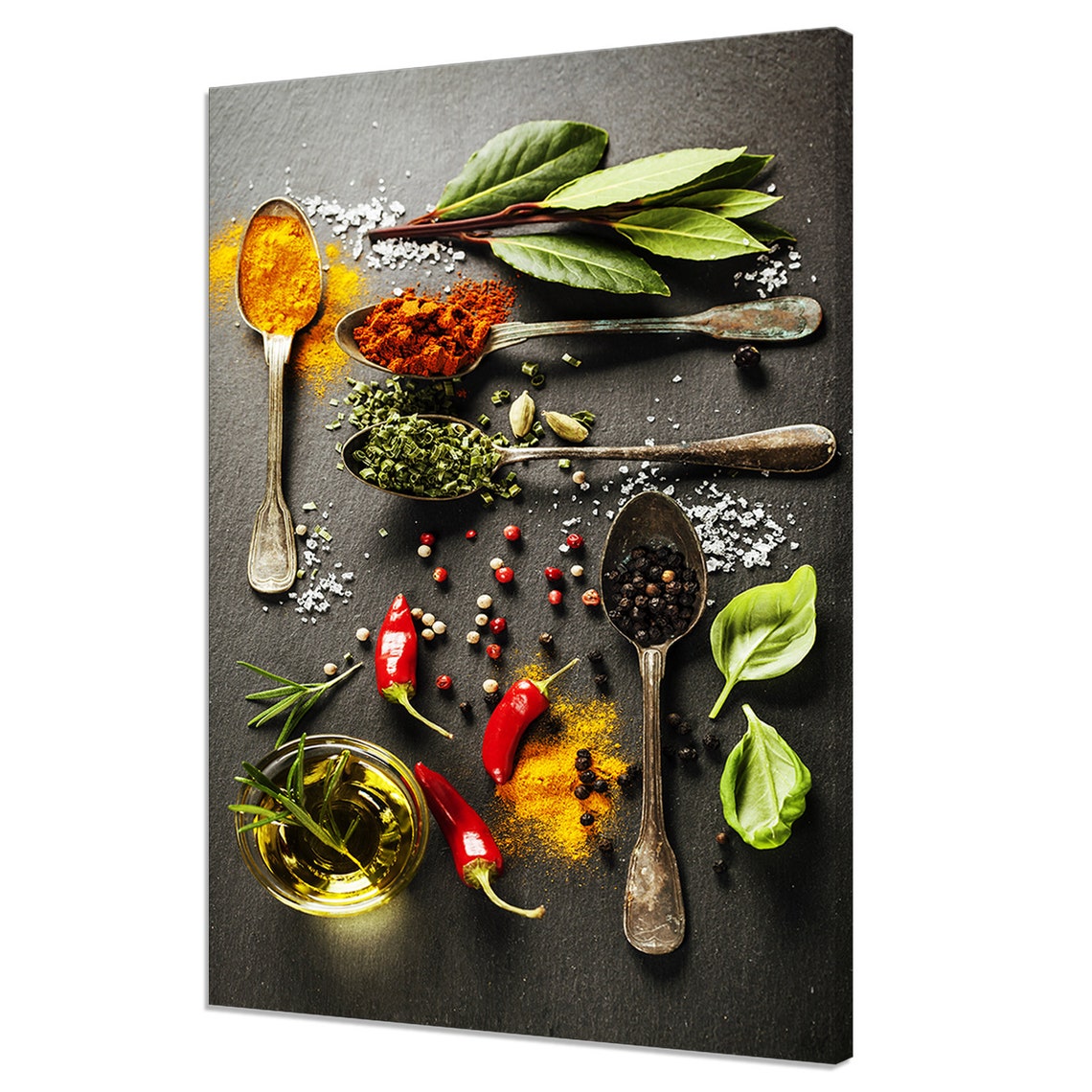 Colourful Spices Spoons Kitchen Photo Dark Slate Food Wall Art Print
