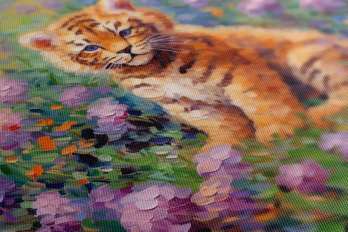 Baby Tiger Cub Sitting In Purple Wildflowers Colorful Impasto Poster - Image 2