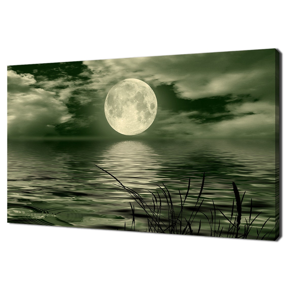 Full Green Moon Over Lake Night Reflection Serene Nightscape Poster