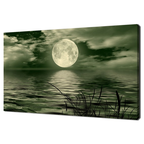 Full Green Moon Above The Lake Modern Design Home Decor Print Wall Art Wall Hanging