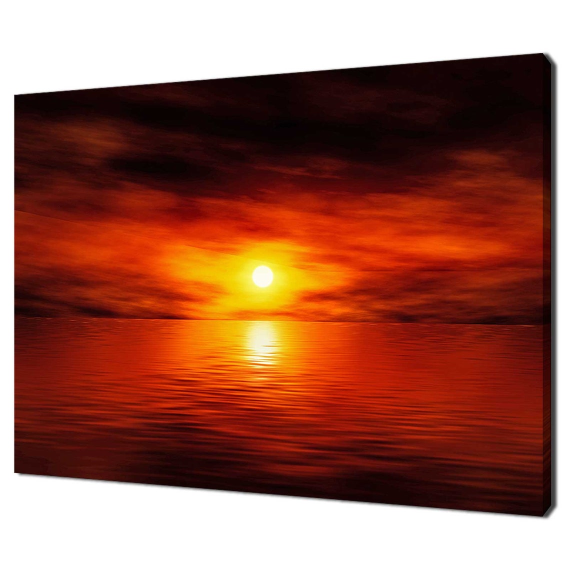Fiery Red Sunset Over the Ocean with Glowing Sun Reflection Poster