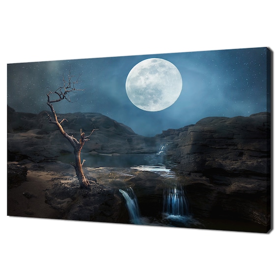 Waterfall Dry Tree At Full Moon Night, Art Print