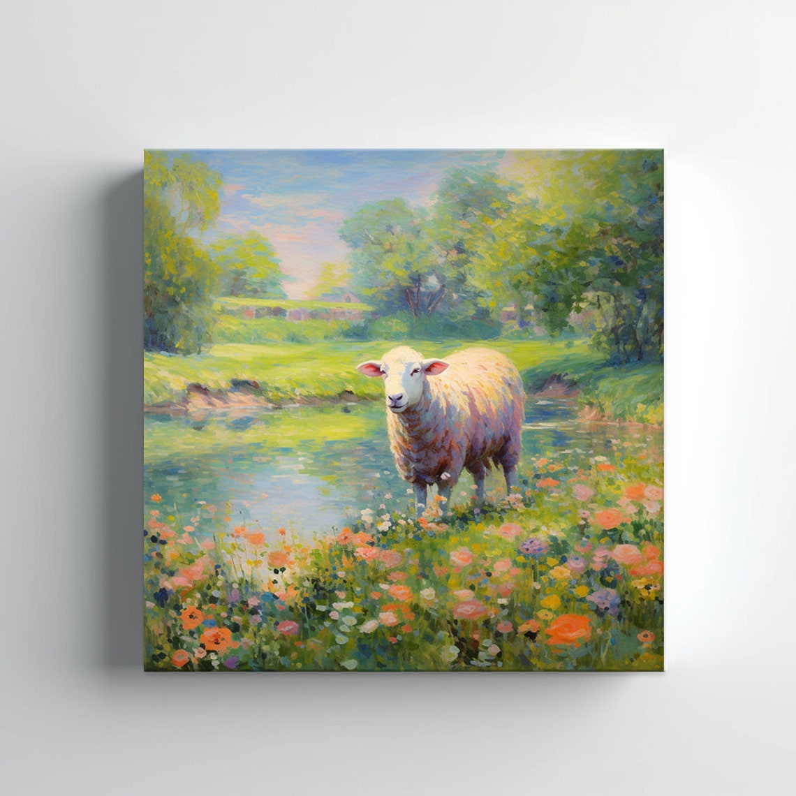 Sheep In Wildflower Meadow By The River Pastoral Animal Poster
