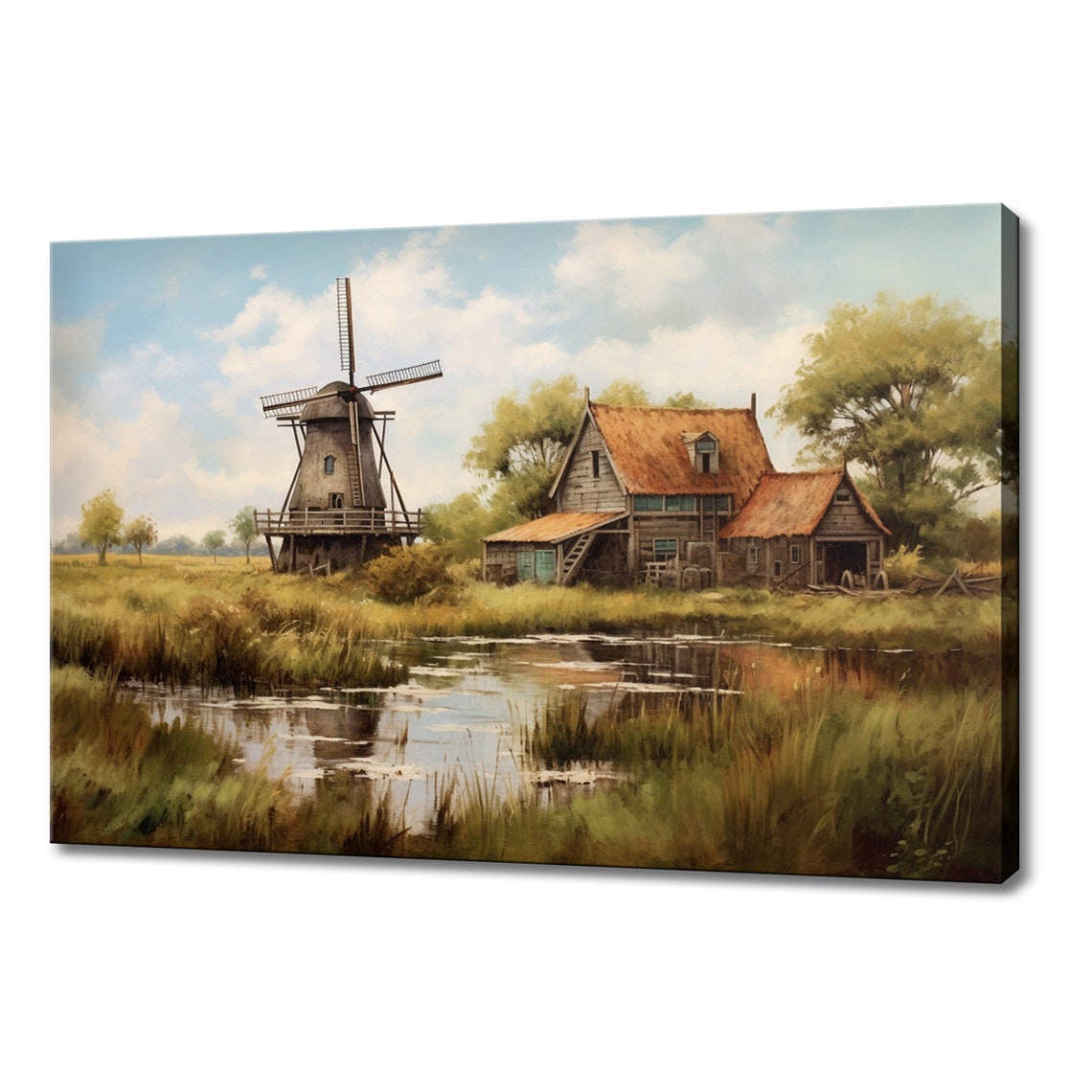 Windmill Cottage Landscape Countryside Vintage Painting Style Print Farmhouse Decor Art Nature Picture Wall Hanging Fine Art Print