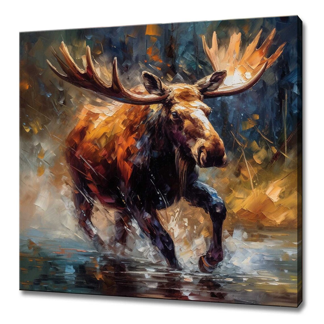 Majestic Moose Running Through Water Autumn Wildlife Painting Wall Art Print