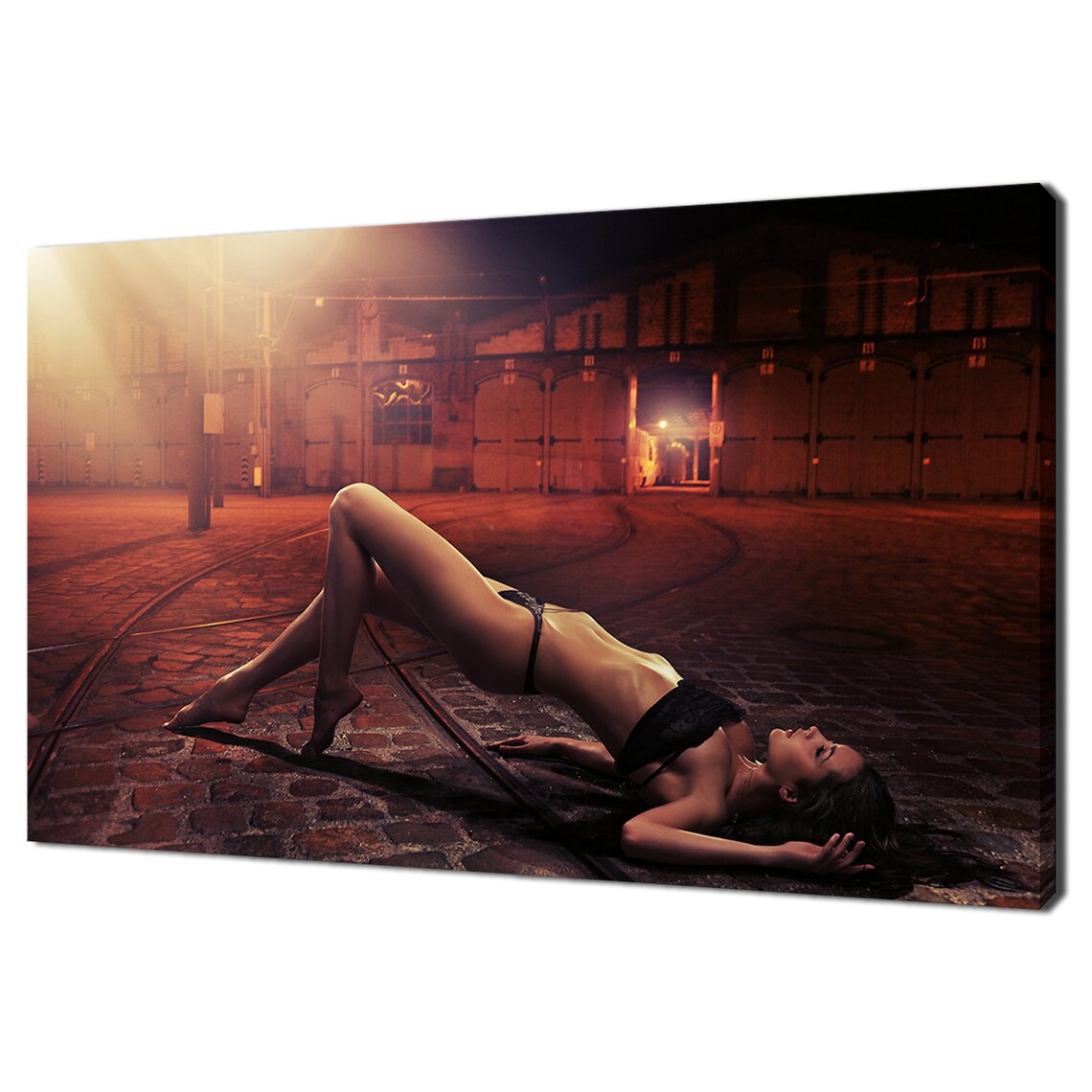 Woman Black Lingerie Night City Street Artistic Photo Poster