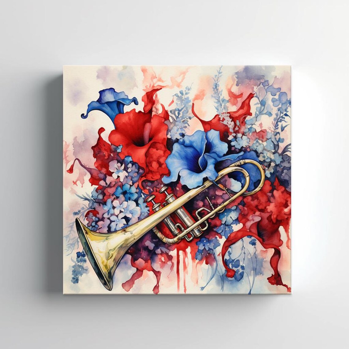 Golden Trumpet Watercolor Red Blue Flowers Brass Music Lover Art Print - Image 2