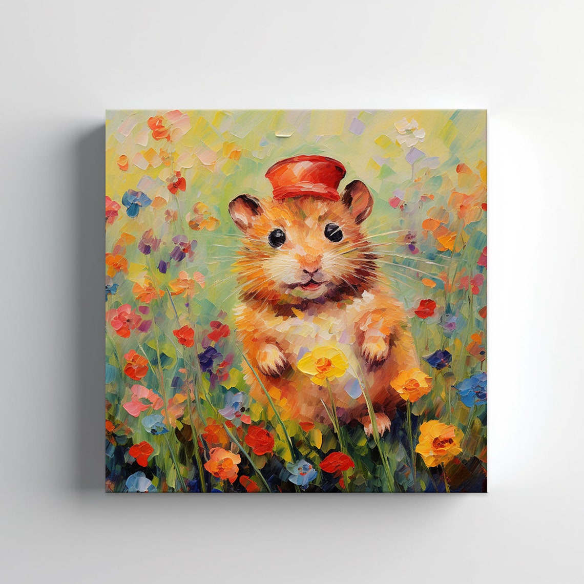 Cute Hamster Red Cap Wildflower Meadow Impressionist Animal Art Print - Image 3