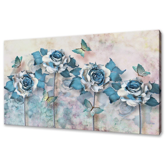 Abstract Blue Flowers Butterflies Modern Design Home Decor Print Wall Art Picture