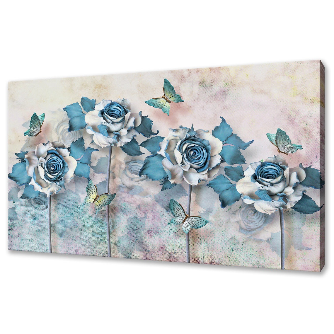 Abstract Blue Flowers Butterflies Modern Design Home Decor Print Wall Art Picture