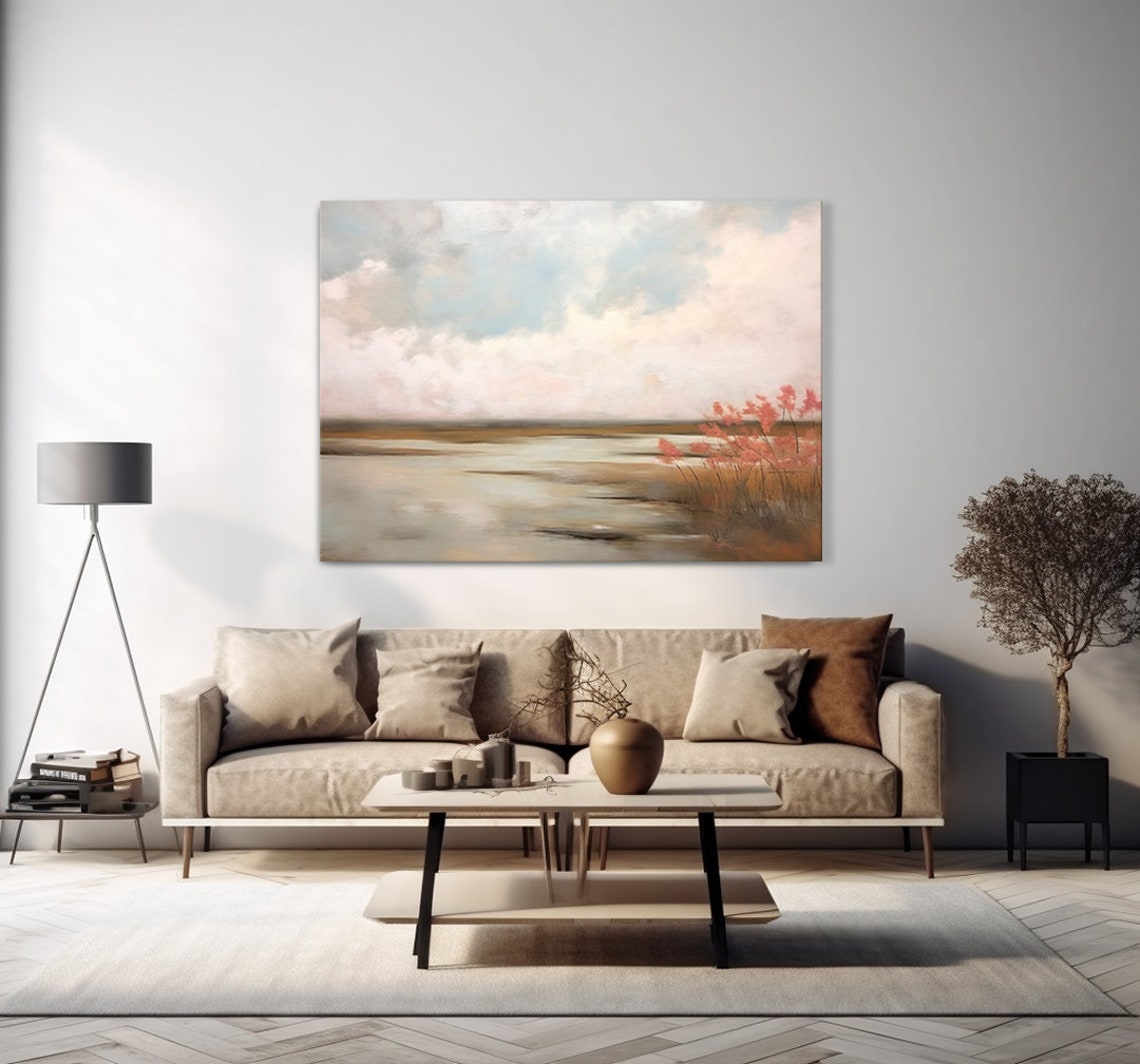 Vintage Country Lake Flowers Landscape Pastel Moody Painting Style Print Farmhouse Decor Art Neutral Nature Picture Wall Hanging - Image 4