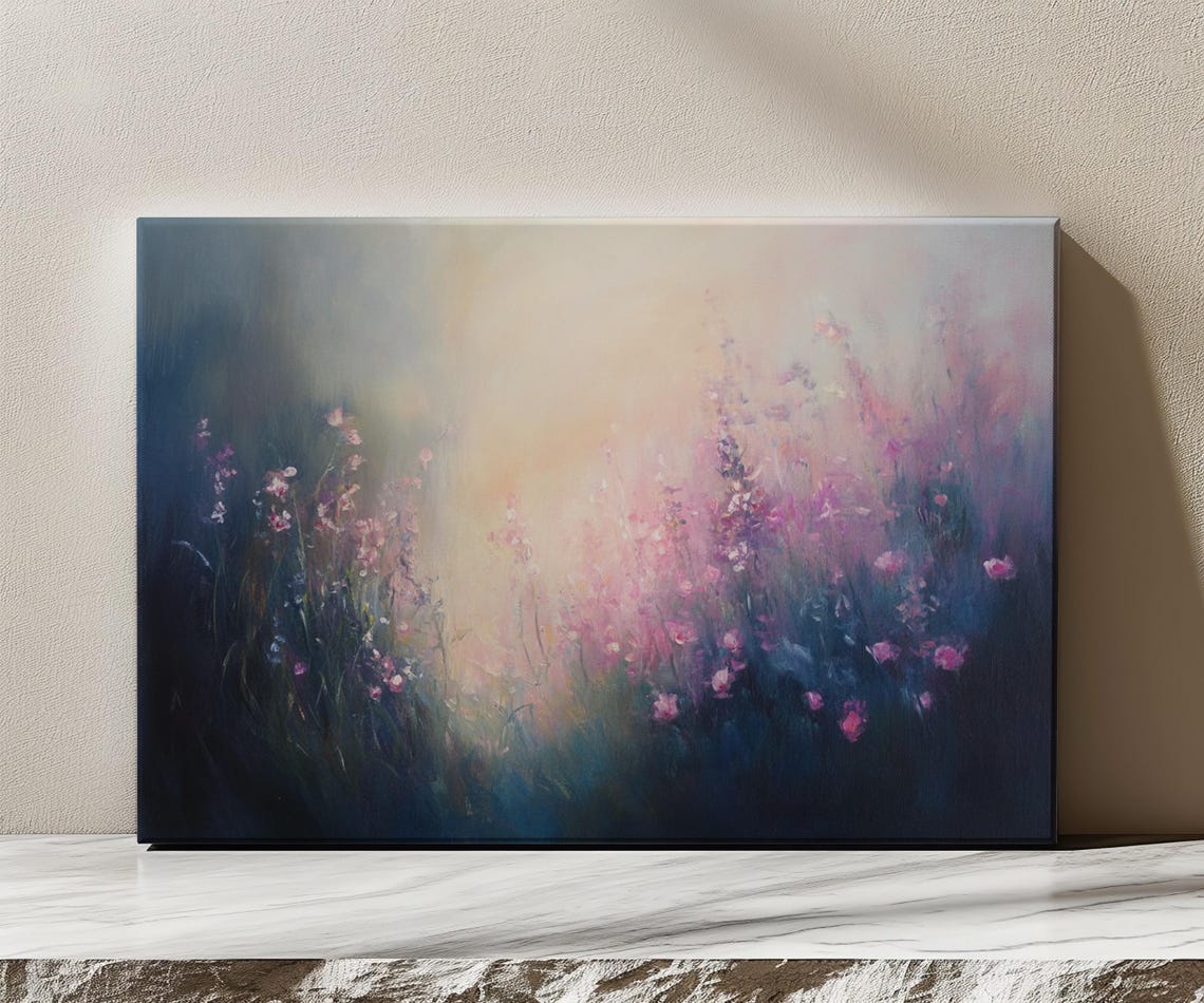 Dreamy Meadow Pink Flowers Vintage Countryside Painting Style Print Farmhouse Decor Art Nature Picture Wall Hanging Fine Art Print - Image 3