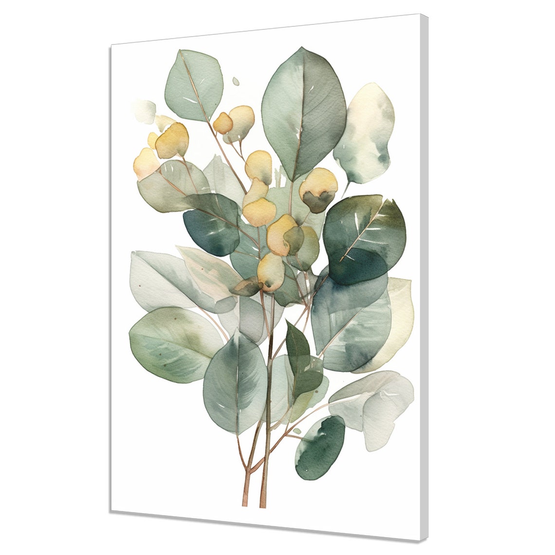 Watercolor Eucalyptus Leaves With Golden Buds Delicate Botanical Print
