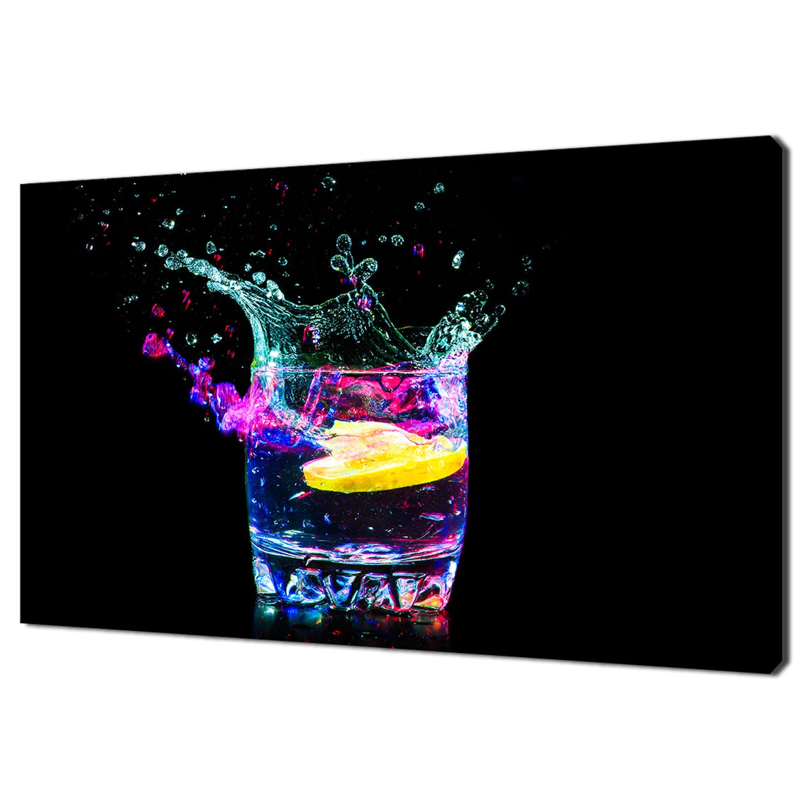Colorful Cocktail Splash Lemon Slice Neon Black Background Wall Art