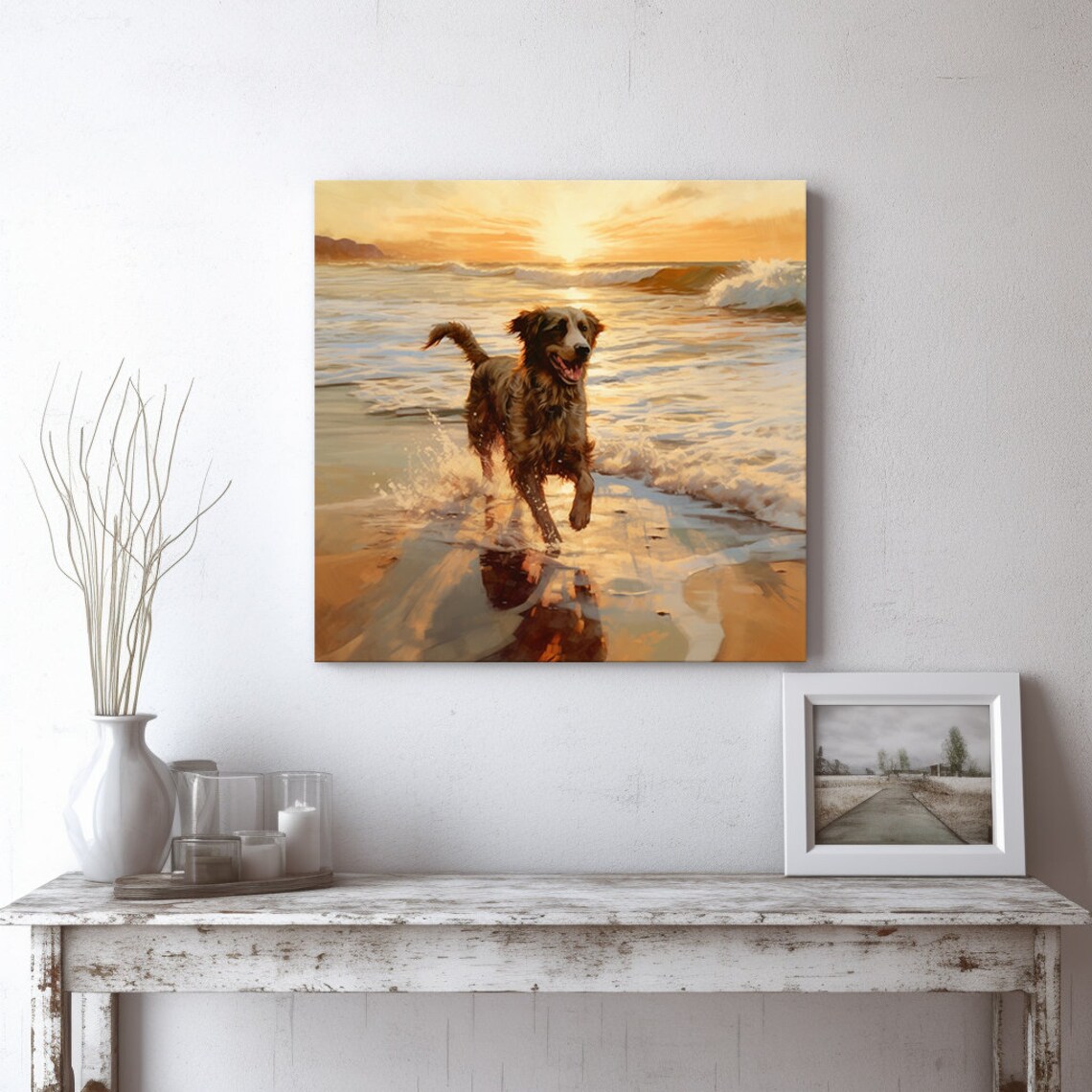 Happy Dog Running On The Beach At Golden Sunset Painting Print - Image 3