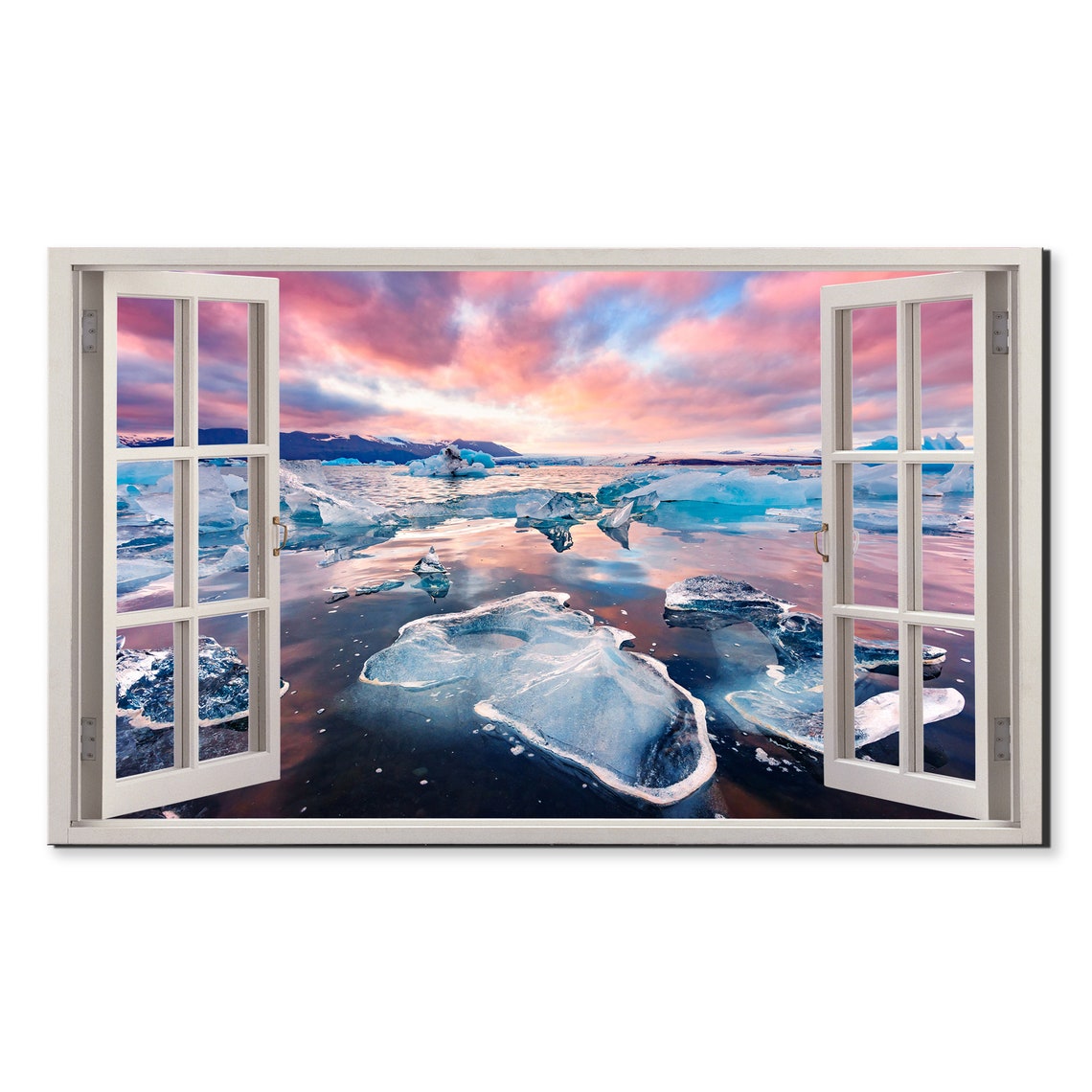 Arctic Icebergs Pink Sunset Sky Faux Window View Wall Art Poster