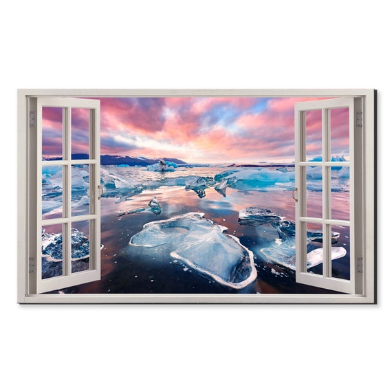 Pink Sky Over Landscape With Icebergs Window View Window Frame Style Modern Design Home Decor Print Wall Art Picture Ready To Hang