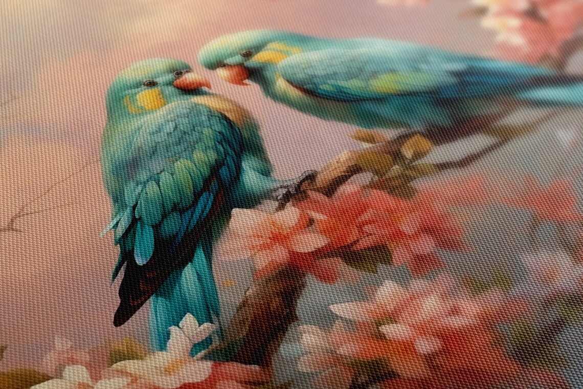 Two Mint Parrots Love Birds, Spring Nature Art Print - Image 2