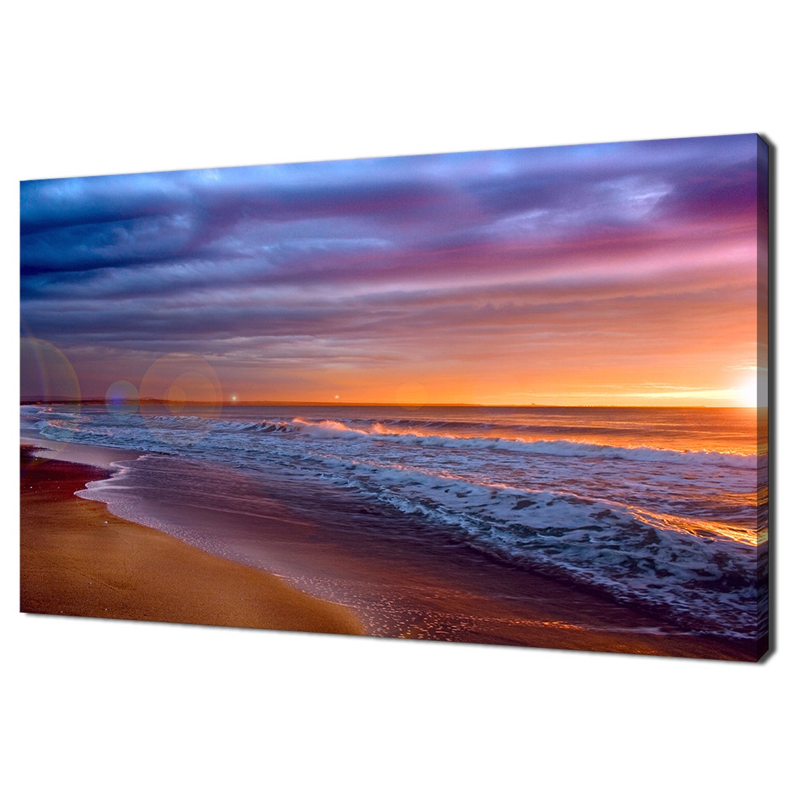Beautiful Beach Sunset With Rolling Waves Purple Orange Sky Art Poster