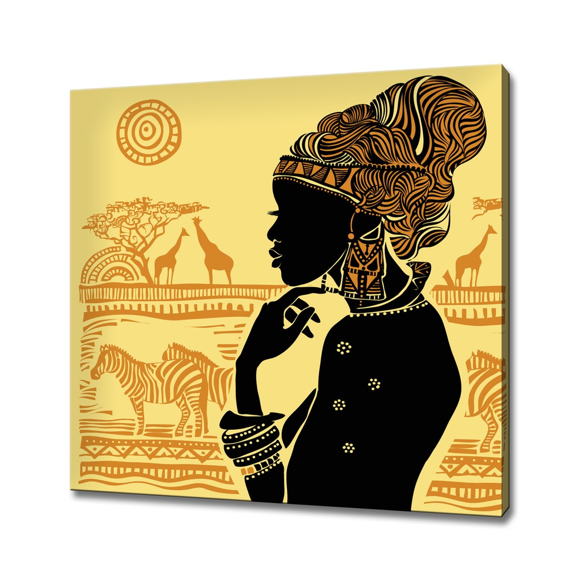 African Woman Silhouette Golden Savanna Giraffe Zebra Art Print