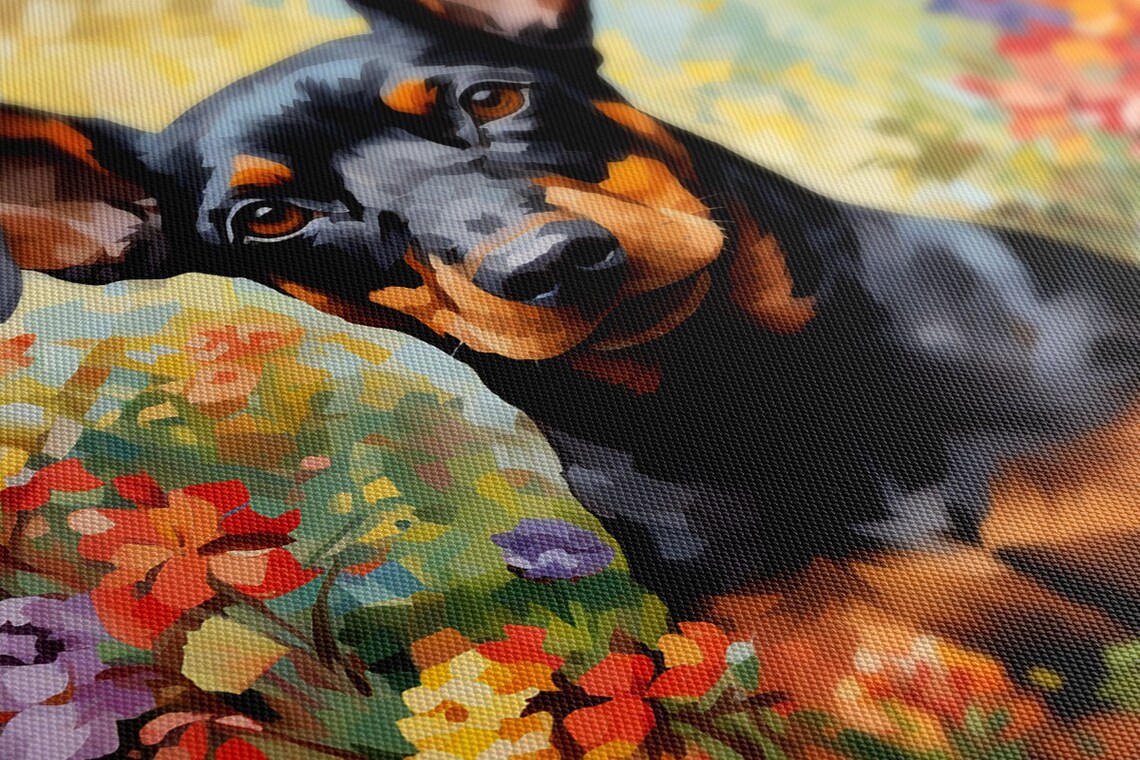 Sweet Doberman Puppy Among Colorful Flowers Portrait Wall Print - Image 4