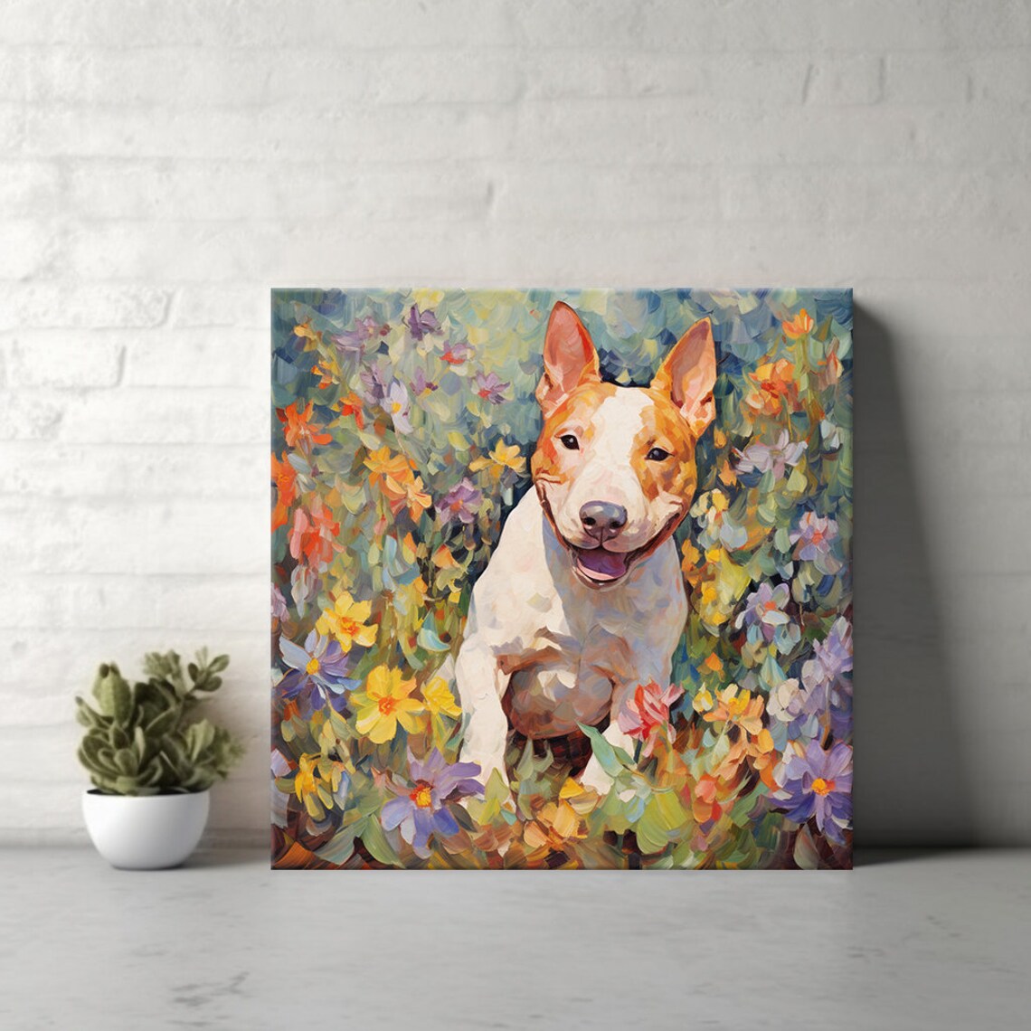 White Bull Terrier Dog In Colorful Flowers Painting Pet Art Print - Image 3