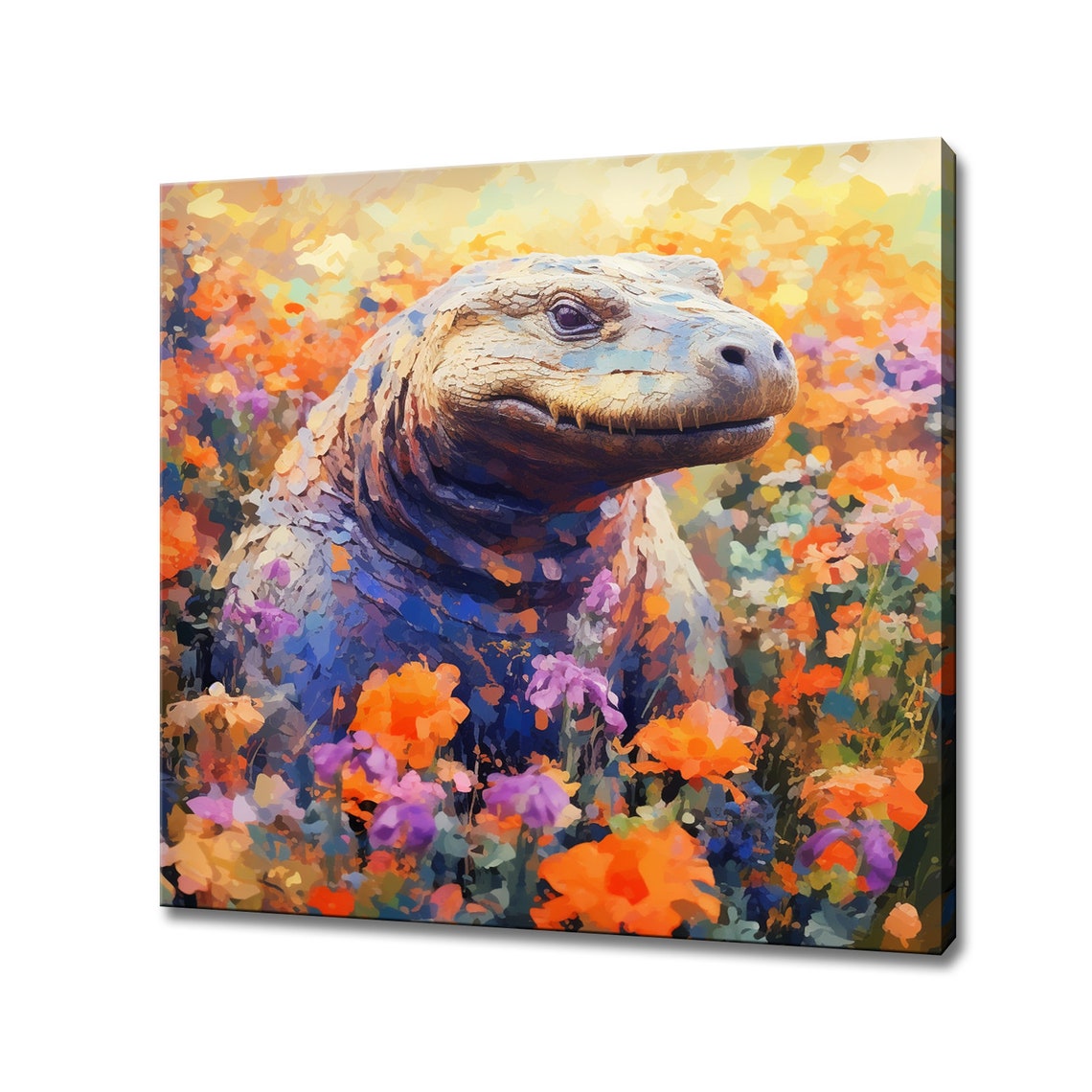 Komodo Dragon Wildflower Meadow Orange Bloom Colourful Reptile Poster