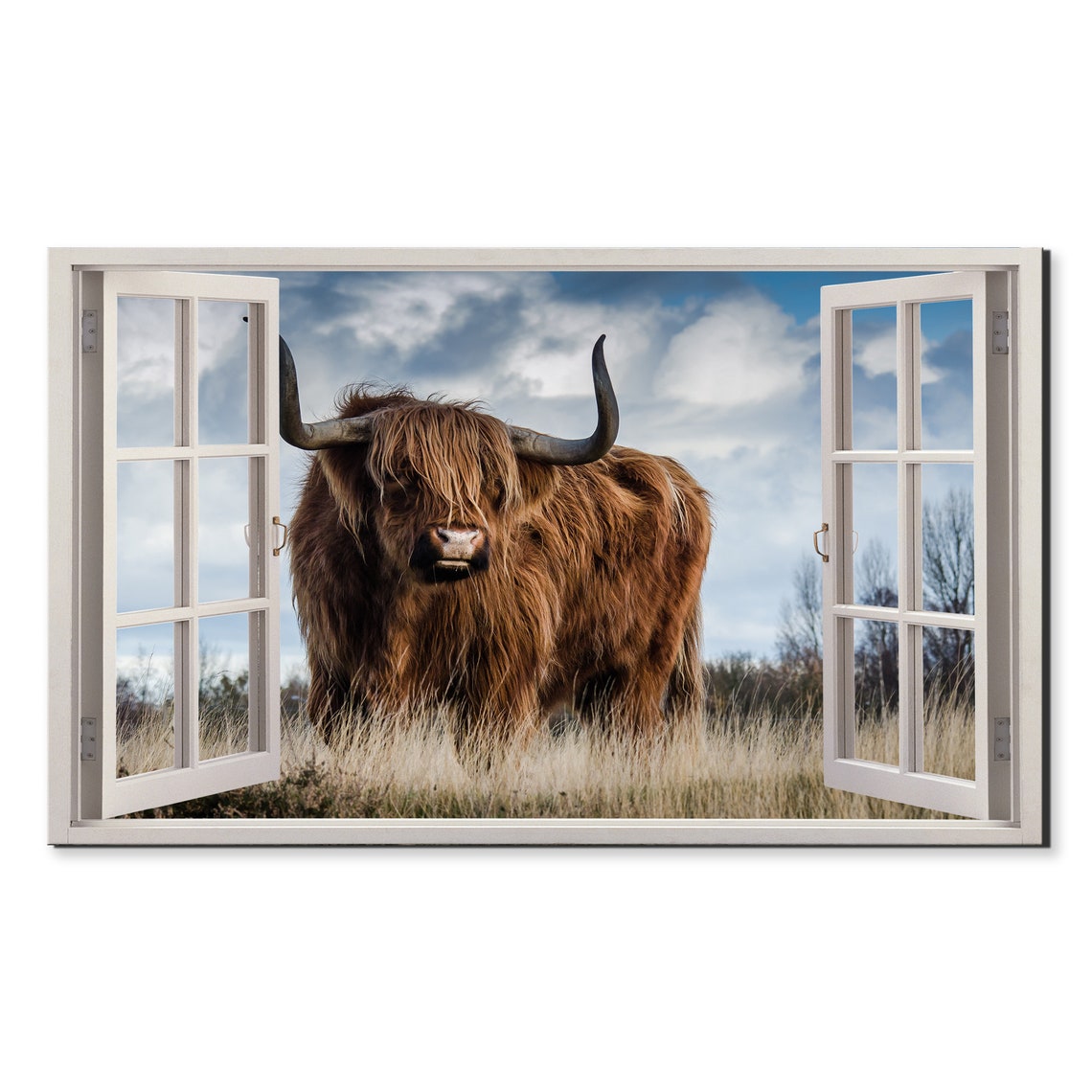 Highland Cow Scottish Cattle Open Window Field Funny Animal Art Poster