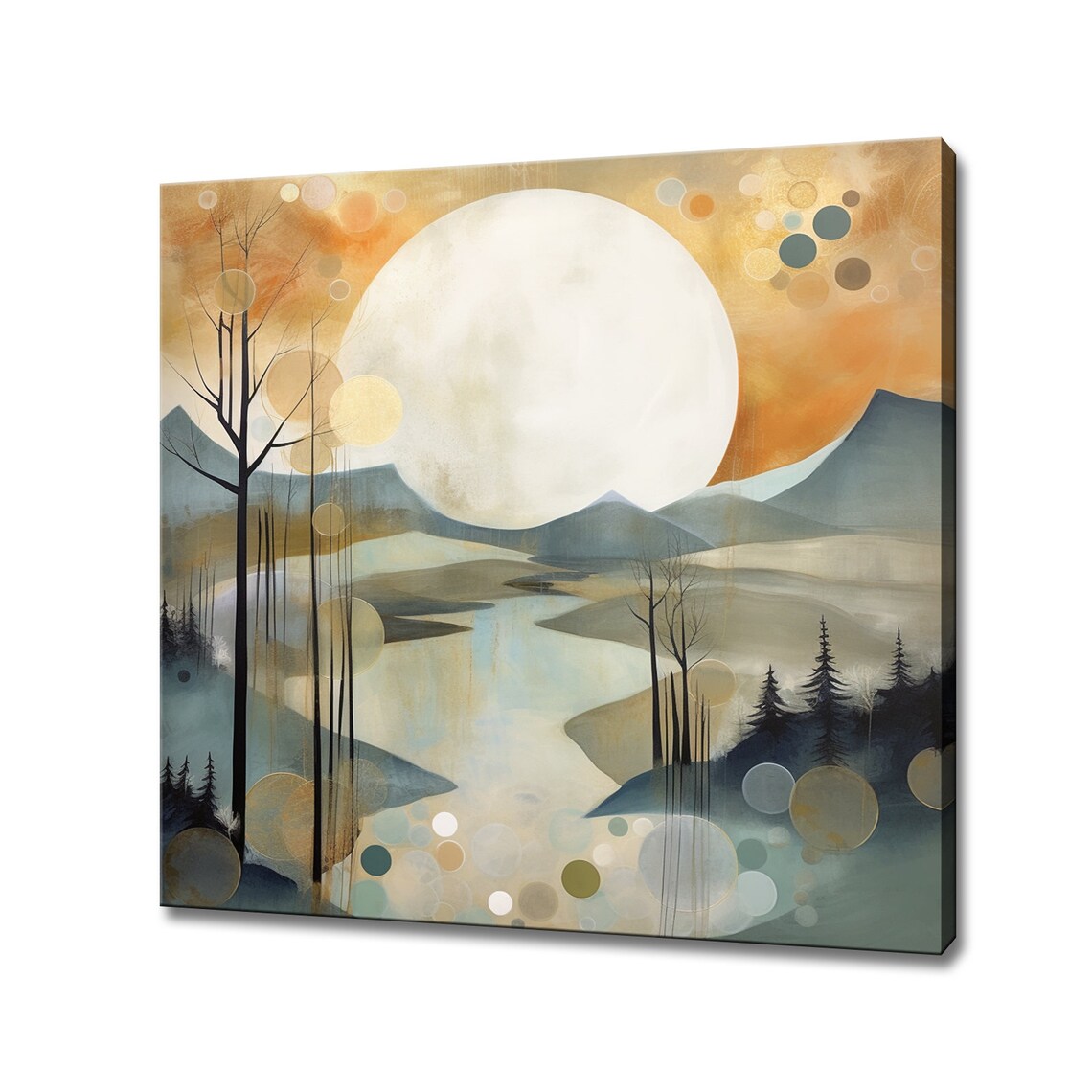 Abstract Moon Behind Mountains, Neutral Landscape Print