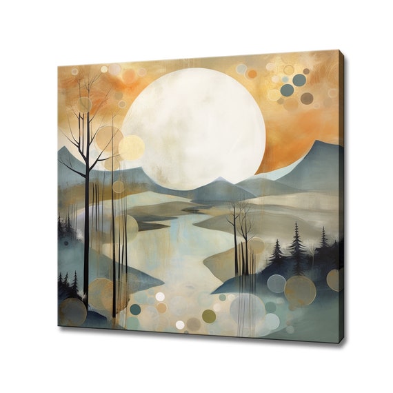 Abstract Moon Behind Mountains, Neutral Landscape Print