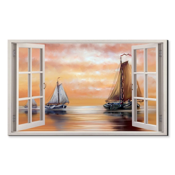 Sailboats At Sunset Seascape Window View Window Frame Style Modern Design Home Decor Print Wall Art Picture Ready To Hang