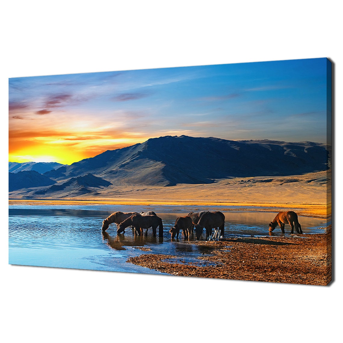 Horses Drinking At Waterhole Sunset Mountain Lake Wildlife Poster