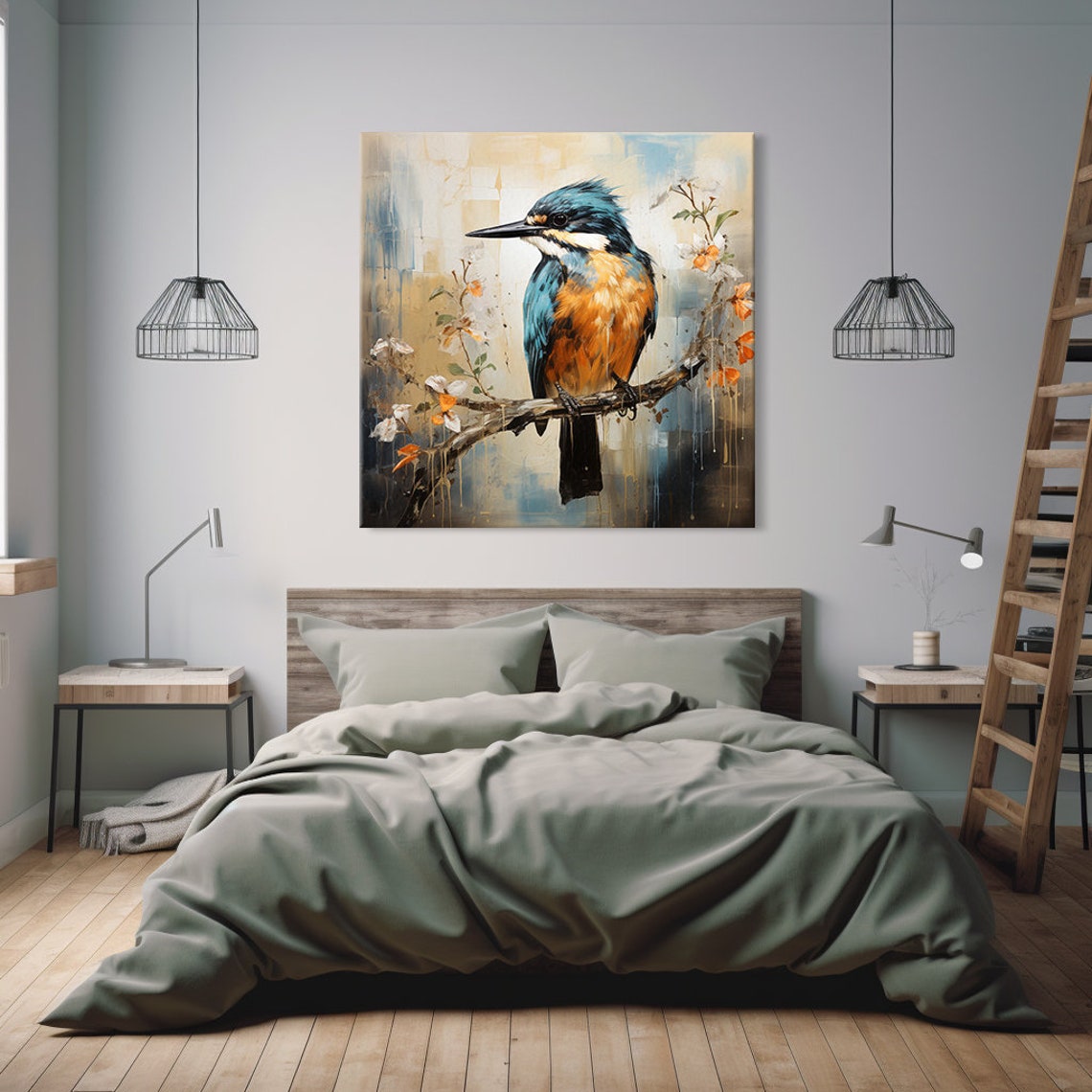 Kingfisher Blossom Branch Beige Abstract Background Bird Art Print - Image 2