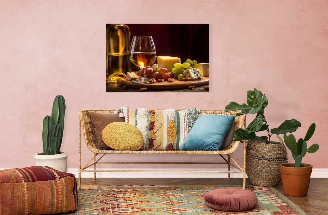 Glass Of White Wine Cheese Grapes Walnuts Rustic Still Life Art Print - Image 4