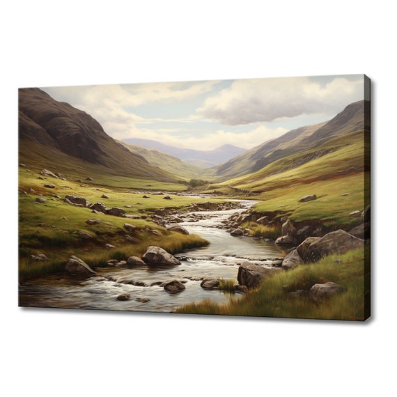 Mountains River Vintage Painting Style Print Farmhouse Decor Art Neutral Nature Picture Wall Hanging Fine Art Vintage