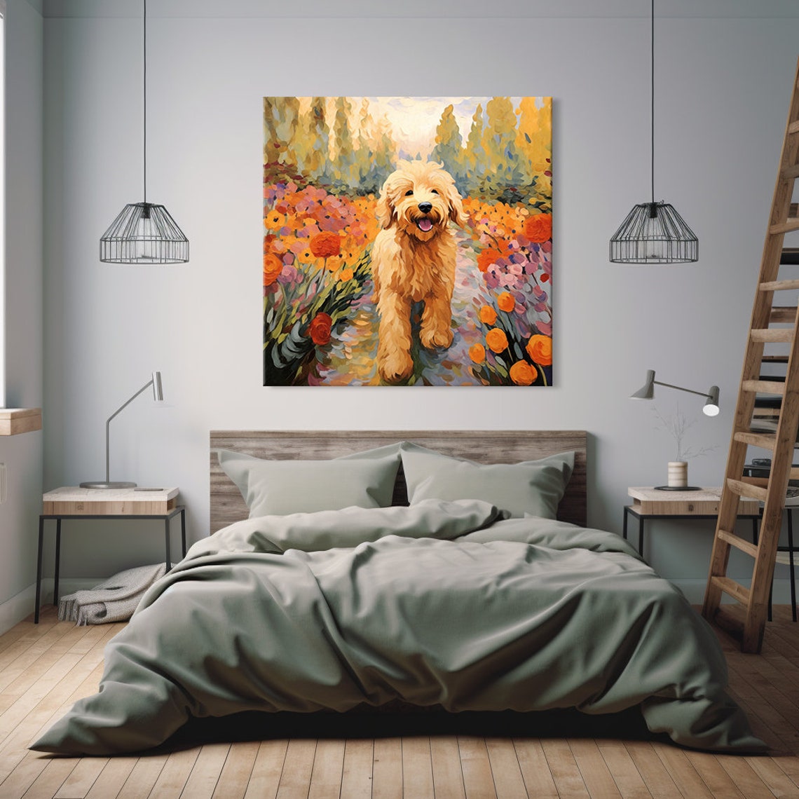 Fluffy Golden Doodle Puppy Garden Flowers Painting Wall Print - Image 2
