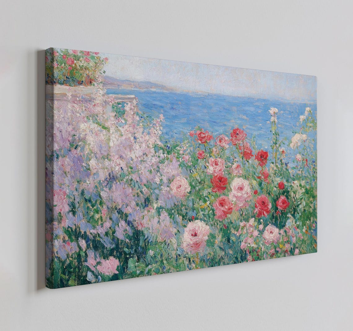 Coastal Garden Roses Sea Impressionist Floral Landscape Print