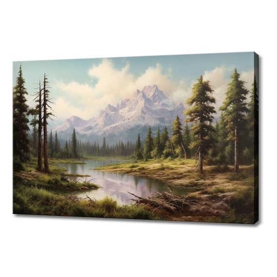 Mountains Creek River Vintage Painting Style Print Farmhouse Decor Art Neutral Nature Picture Wall Hanging Fine Art Vintage